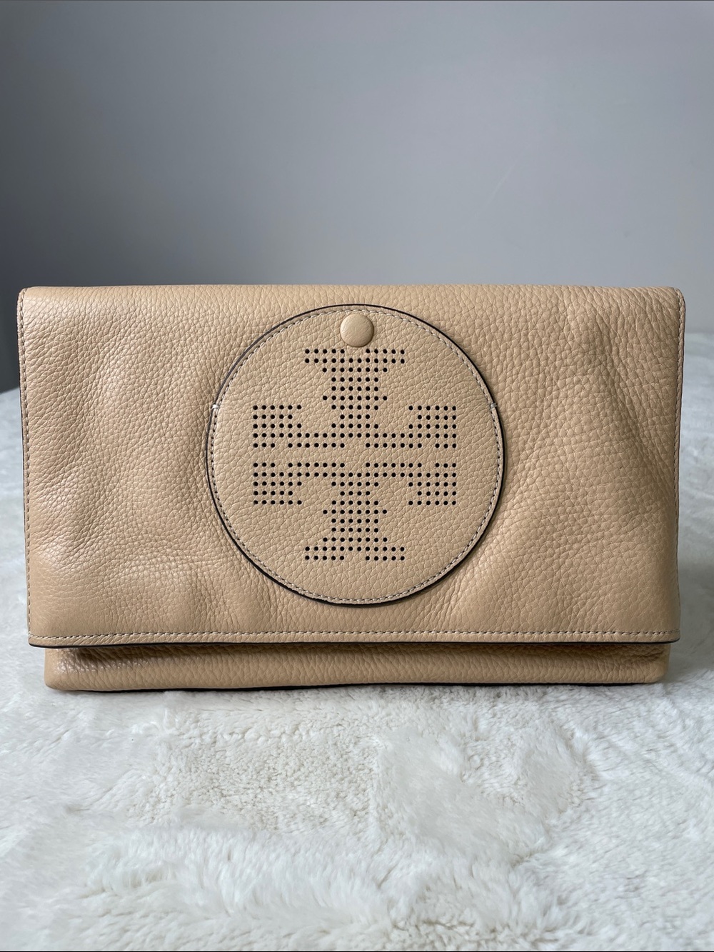 Tory Burch Beige Perforated Logo Fold-Over Clutch